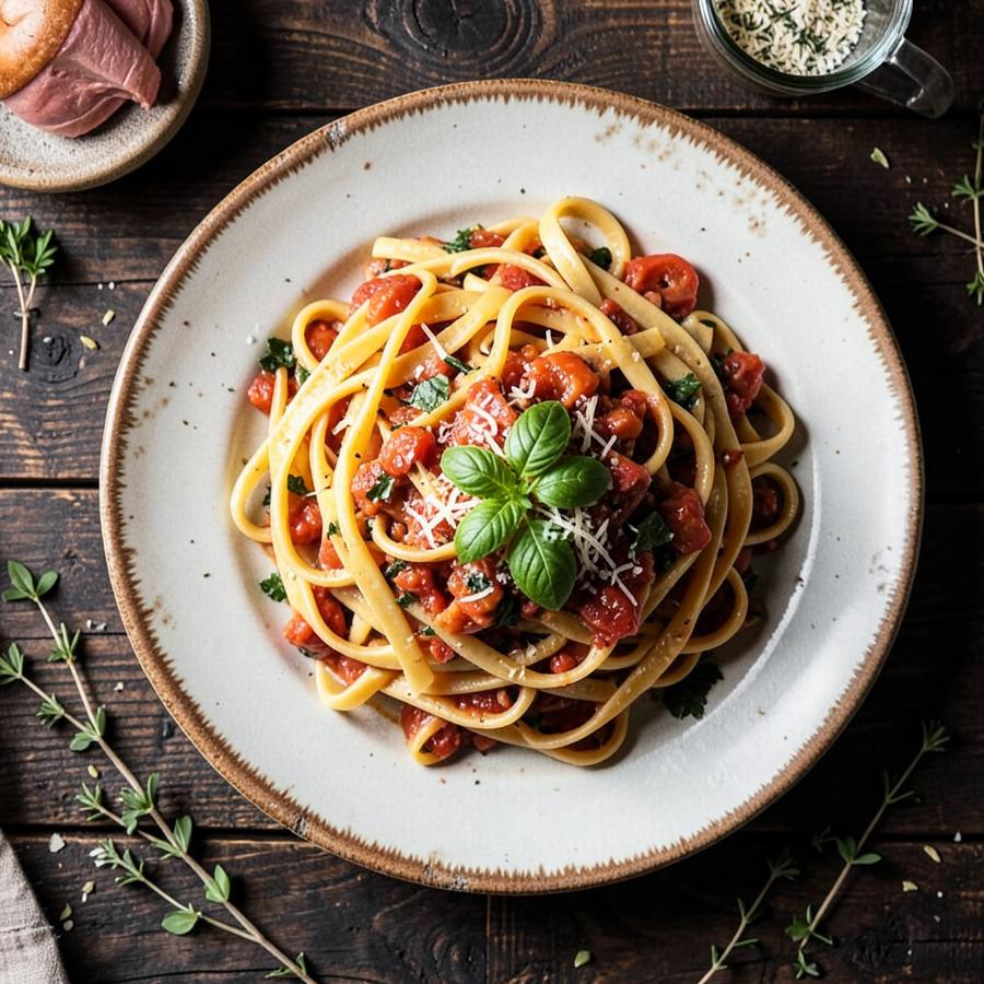 Pastarätt med långkokt tomatsås