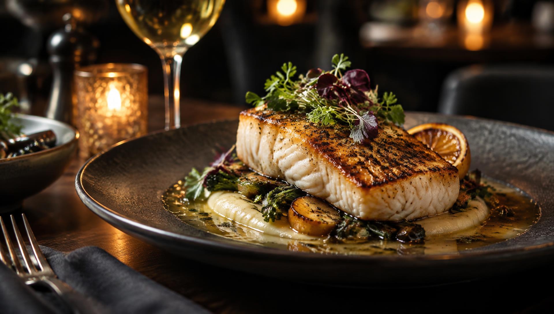 Halstrad fisk elegant upplagd på tallrik